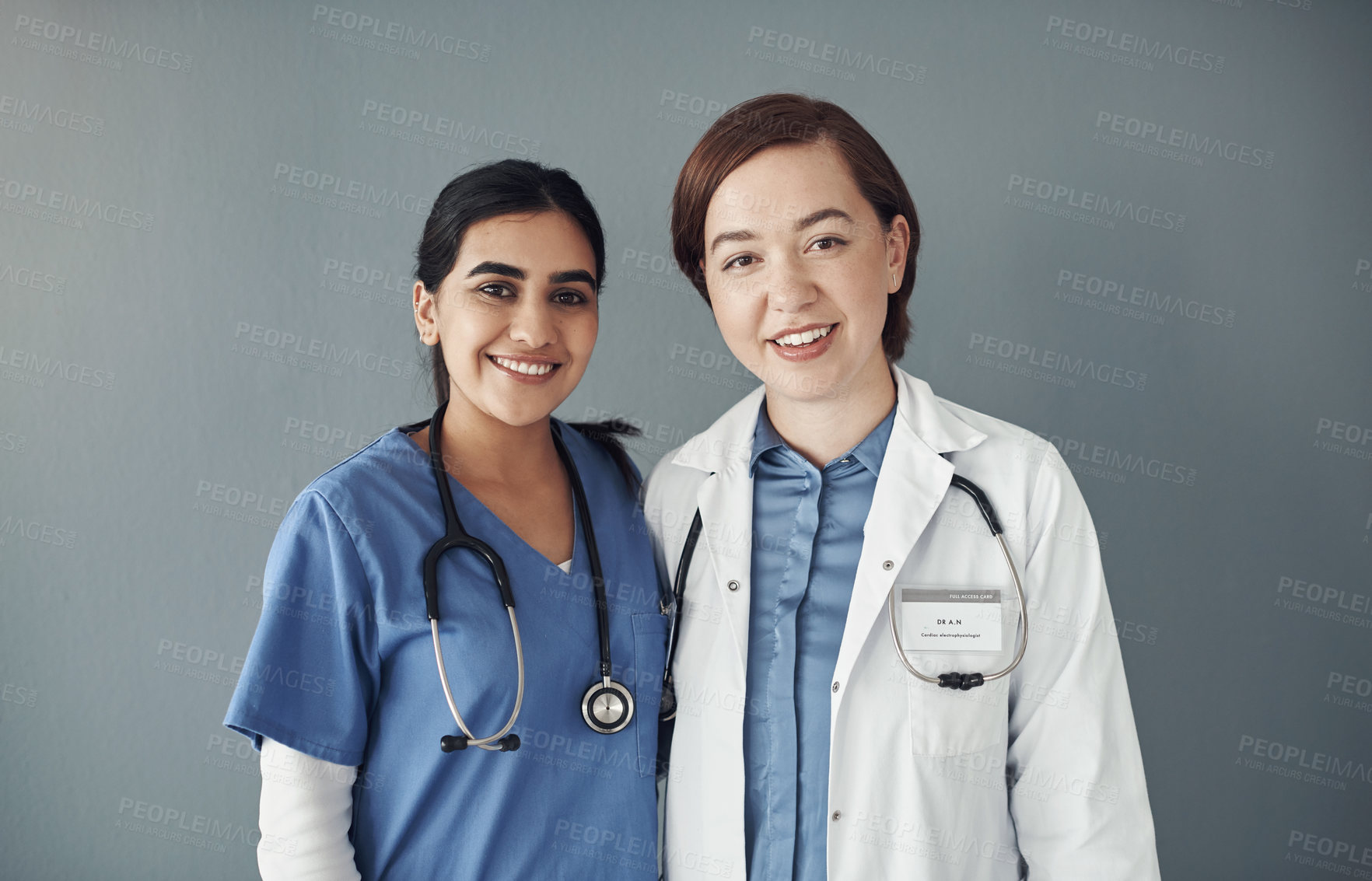 Buy stock photo Women, doctor or nurse in portrait or team for medical with stethoscope, healthy for wellness. Female people, medicine or healthcare workers on grey backdrop, cardiology or surgery for career