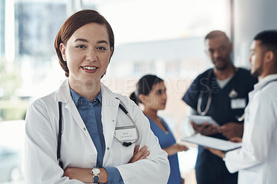 Buy stock photo Doctor, portrait and arms crossed in clinic or medical meeting with confidence, integrity and about us. Face of healthcare person in leadership and happy for workflow, advice and planning in hospital