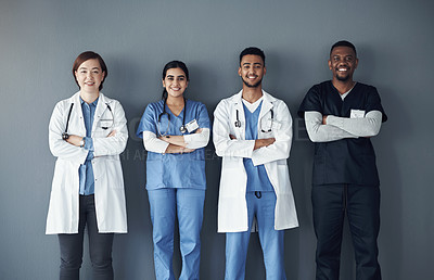 Buy stock photo Doctor, teamwork and arms crossed for medical confidence, leadership and clinic with about us. Portrait of healthcare worker, nurse and group with diversity, solidarity and support on wall background