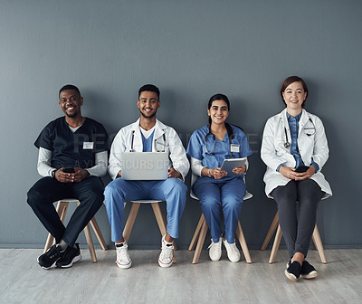 Buy stock photo Chairs, team and portrait of doctors by wall for interview or public health conference and training meeting. People, medical staff and line for patient rounds or daily briefing, review and proud.