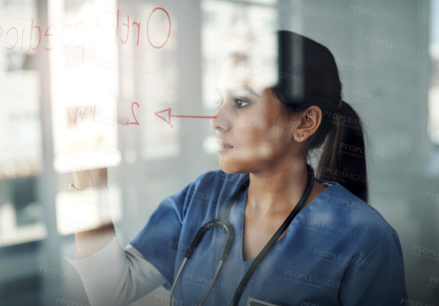 Buy stock photo Doctor, woman and writing on glass for healthcare with planning, medical information and health solution. Medicine, professional and employee with brainstorming for problem solving, notes or research