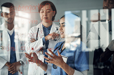Buy stock photo Doctor, nurse and planning on glass board for medical solution, brainstorming and problem solving of patient injury. Healthcare surgeon or group thinking, teamwork and decision with orthopedic steps