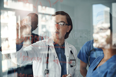 Buy stock photo Medical team, people and writing on glass for solution, teaching and problem solving with students in residency. Healthcare doctor, nurse and expert for orthopedic training, steps or ideas on mindmap