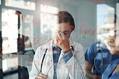 Buy stock photo Glass board, meeting and doctor with stress for medical mistake, surgery fail and crisis solution in office. Teamwork, healthcare and frustrated expert for problem or risk with cardiology diagnosis