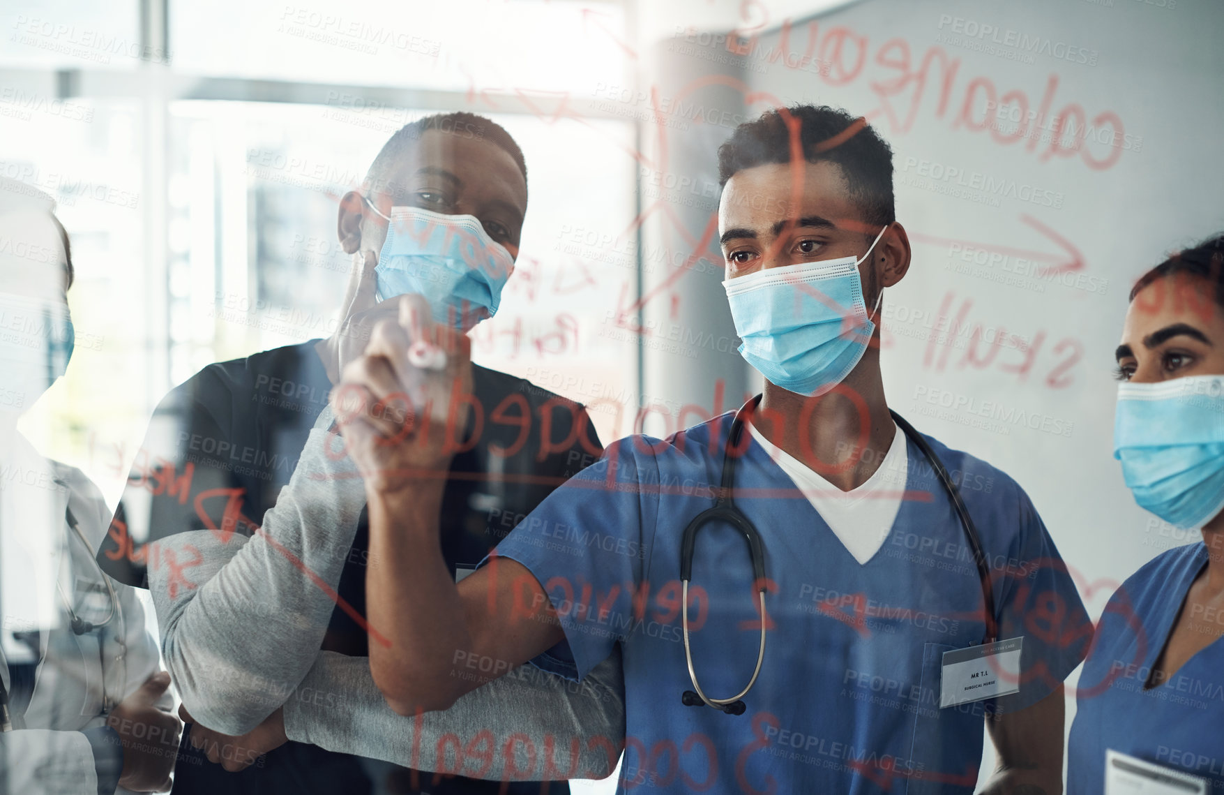 Buy stock photo Teamwork, doctors or nurse writing notes in meeting for planning, communication and collaboration in clinic. People, medical workers or healthcare professional together for research schedule