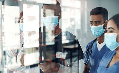 Buy stock photo Teamwork, doctors and writing on glass board for vaccine treatment plan, formula or brainstorming in hospital. Health, chemistry and diverse people with mask for medical solution, idea or research