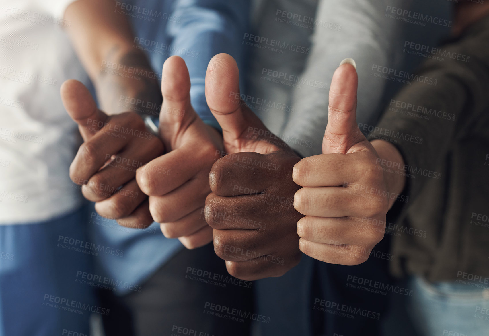 Buy stock photo People, thumbs up or thank you for good job with yes, approval and like emoji hands. Collaboration, community and support with employees in group with positive gesture for agreement and achievement