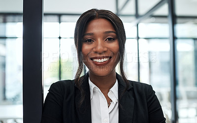 Buy stock photo Portrait, female ceo or smile in office for success, profile picture or confidence in workplace. Black businesswoman, happy or leader in corporate workplace for vision, executive or formal in Nigeria