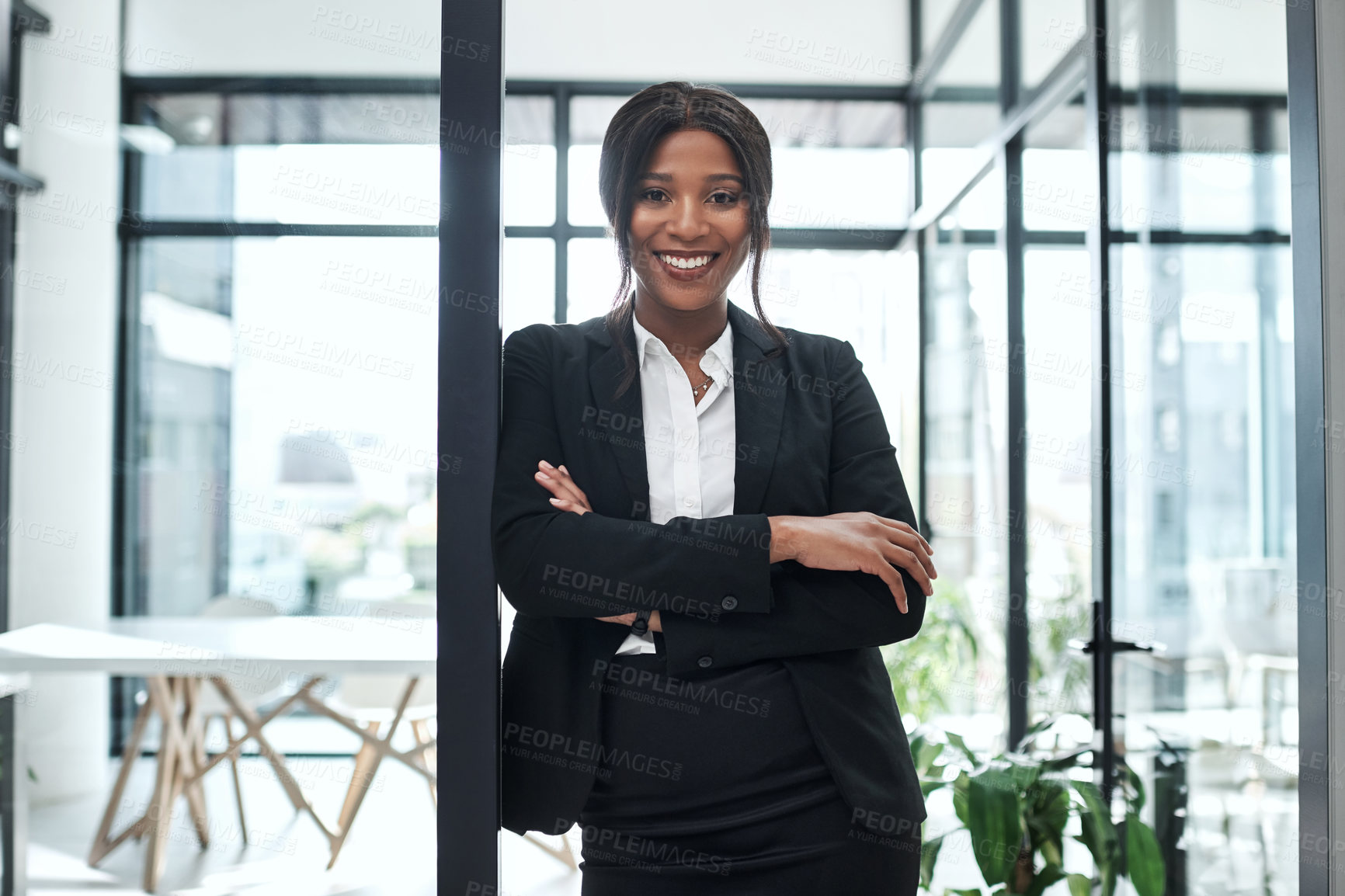Buy stock photo Black woman, portrait and arms crossed of lawyer at law firm for business, advocate and workplace confidence. Happy, modern office and legal advisor or career for consultant, and growth for attorney
