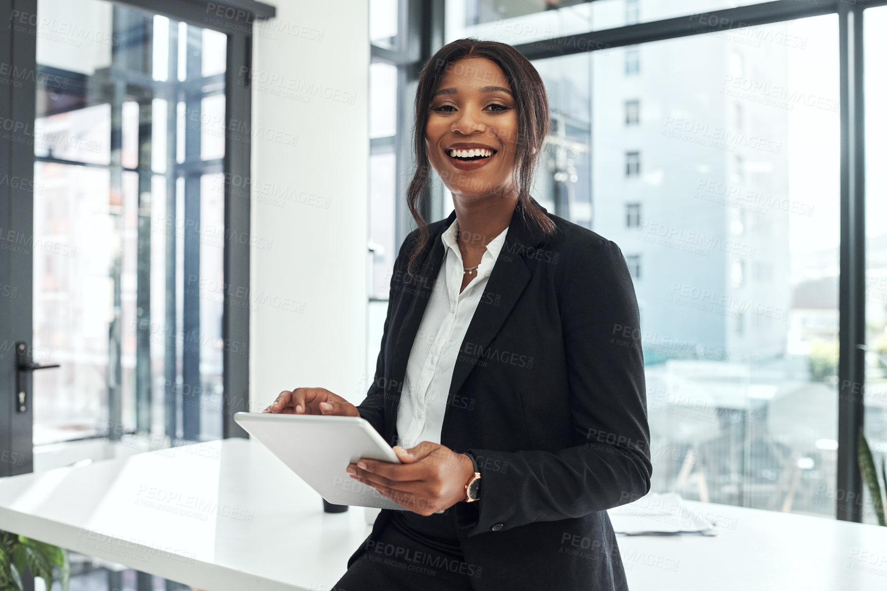 Buy stock photo Portrait, smile and black woman with tablet, attorney and employee in office. Technology, happy face and female lawyer or legal advisor, research or email and professional from New York in law firm