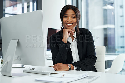 Buy stock photo Portrait, business and black woman with smile in office, confidence and computer for finance and documents. Workplace, accounting and investment for broker in firm, pc and desk with paperwork