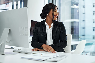Buy stock photo Thinking, African and woman with smile in office, confidence and computer for finance and documents. Workplace, contemplating and investment for broker in firm, idea and desk for paperwork of project