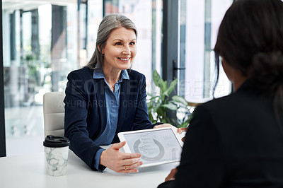 Buy stock photo Mature woman, tablet and meeting client in office for business, finance and consultation with digital data. Consultant, tech and chart in bank with customer for investment, loan and savings strategy