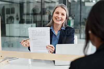 Buy stock photo Attorney, smile and documents in office with mature woman for agreement, contract for review. Legal consultant, person and paperwork at law firm for feedback, lawyer and advice for client justice