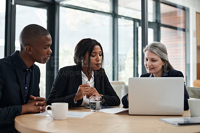 Buy stock photo Brainstorming, laptop and business people in meeting, planning and connection with internet, budget and finance. Accounting, group and employees with computer, investment and trading with online news