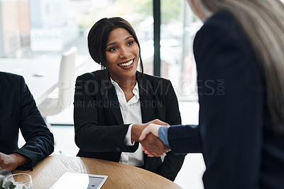 Buy stock photo Office, handshake and business people with deal for teamwork, partnership and networking. B2b, agreement and professional employees with thank you, welcome and support in cooperation in workplace