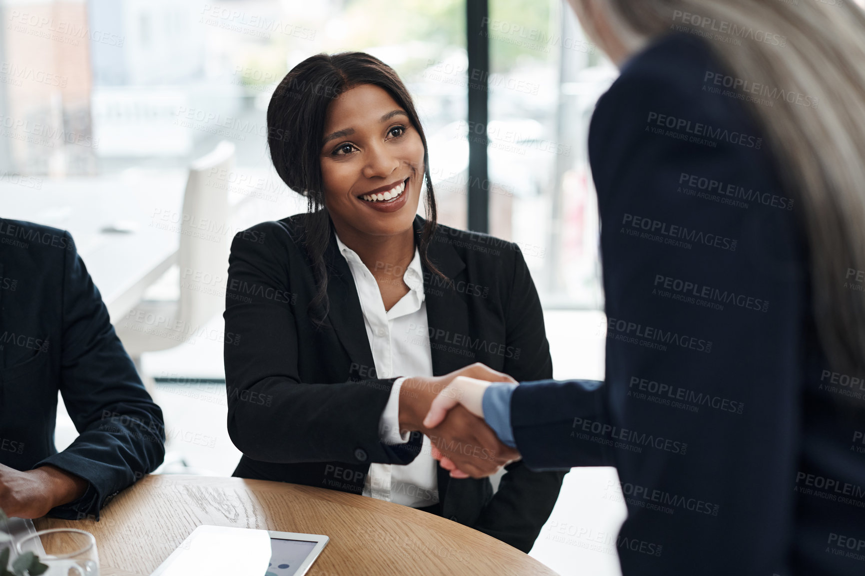 Buy stock photo Office, handshake and business people with deal for teamwork, partnership and networking. B2b, agreement and professional employees with thank you, welcome and support in cooperation in workplace