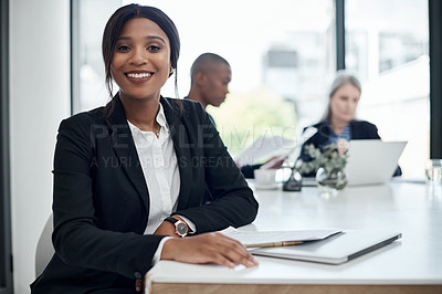 Buy stock photo Happy black woman, portrait and accountant with documents in meeting for finance at office. African, female person or financial advisor with smile in confidence for paperwork on profit or revenue