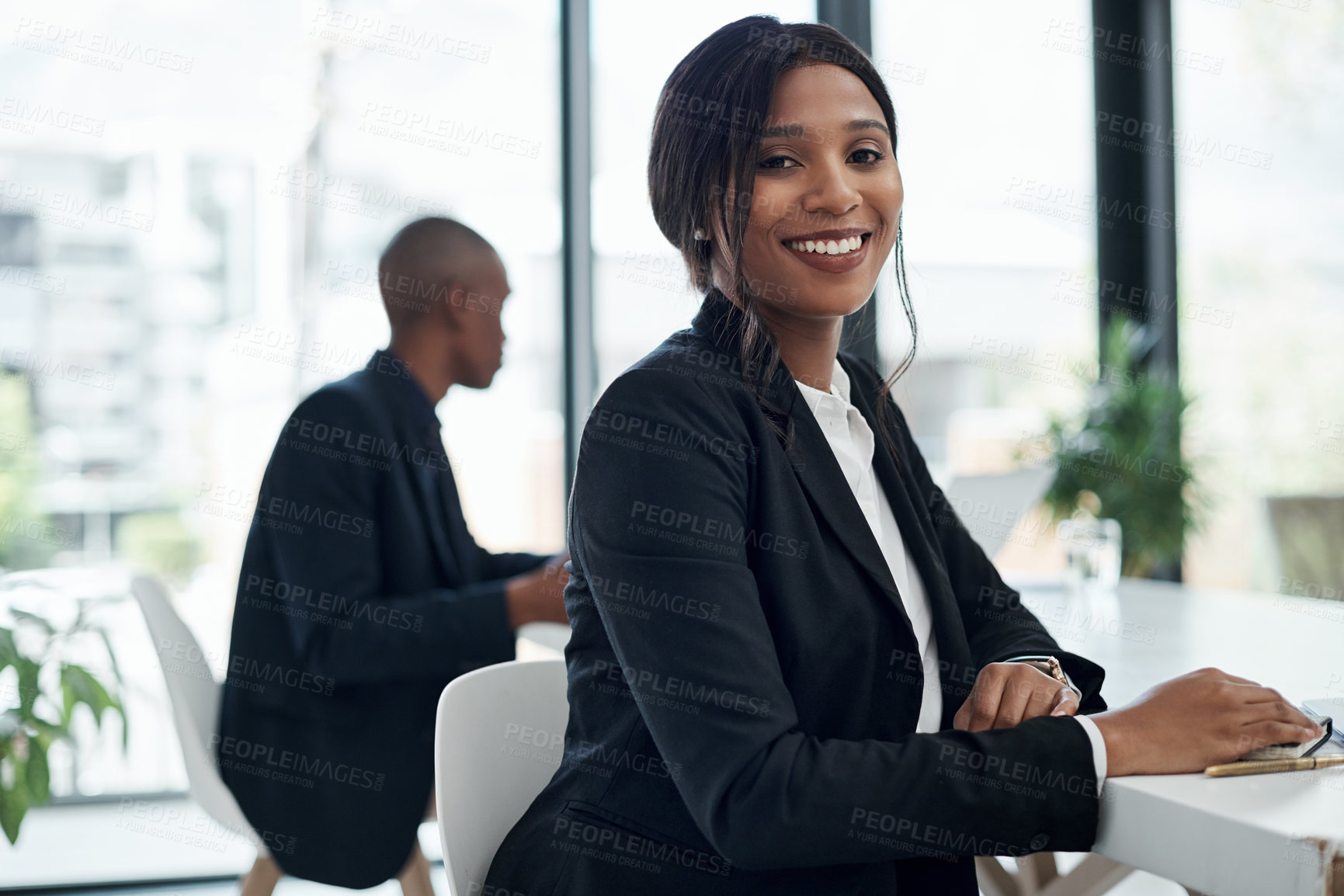 Buy stock photo Happy black woman, portrait and accountant with career ambition for finance at office or agency. African, female person or financial advisor with smile in confidence for profit, growth or revenue