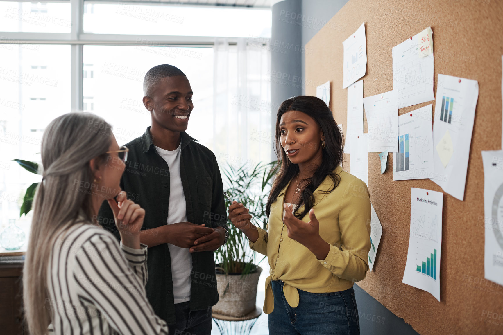 Buy stock photo People, diversity and brainstorming idea in office for workshop, teamwork and collaboration. Business, moodboard and meeting in workplace for planning, company profit and data or graphs with strategy