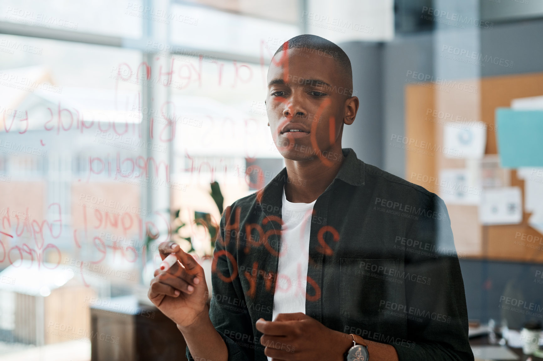 Buy stock photo Business man, writing and planning on glass for brainstorming, thinking and research at marketing startup project. Creative African designer with goals or ideas of billboard or multimedia development