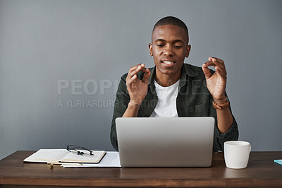 Buy stock photo Businessman, laptop and hand for talking, video call and webinar with internet for virtual meeting. Technology, communication and online conversation or networking at desk for conference in office