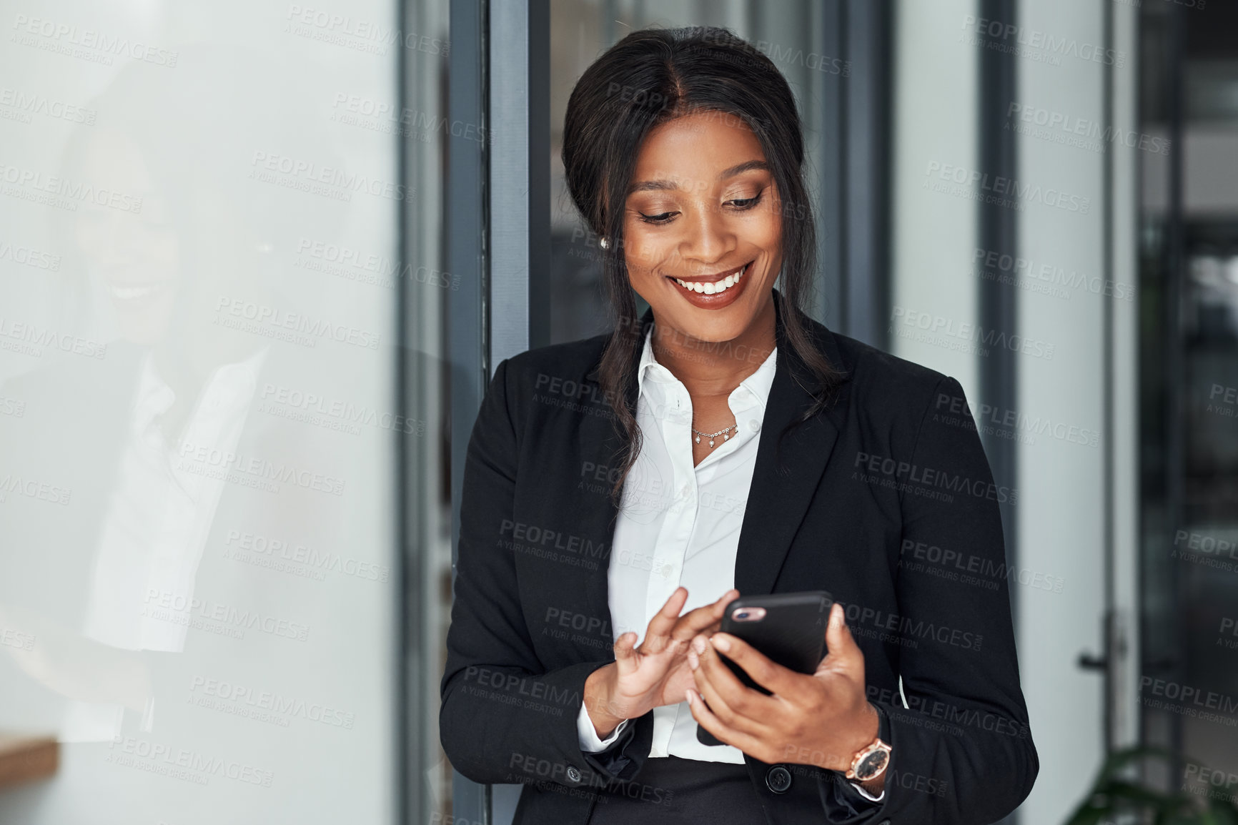 Buy stock photo Business woman, smartphone notification and networking in office for communication, internet news or job post. Black person, mobile tech and typing in workplace for social media and online research