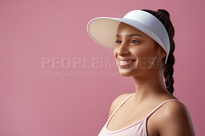 Buy stock photo Cropped shot of an attractive and sporty young woman posing in studio against a pink background