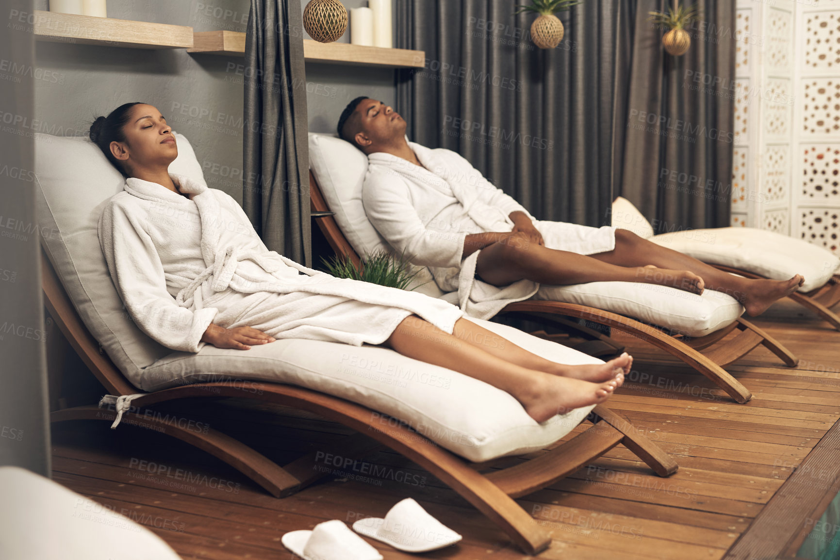 Buy stock photo Shot of a young couple spending the day together at a spa