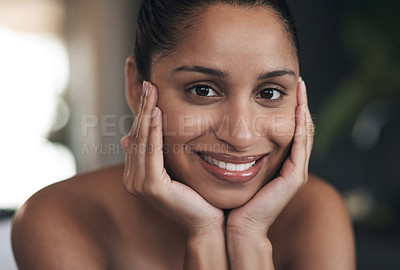 Buy stock photo Portrait of a young woman enjoying a treatment at a spa