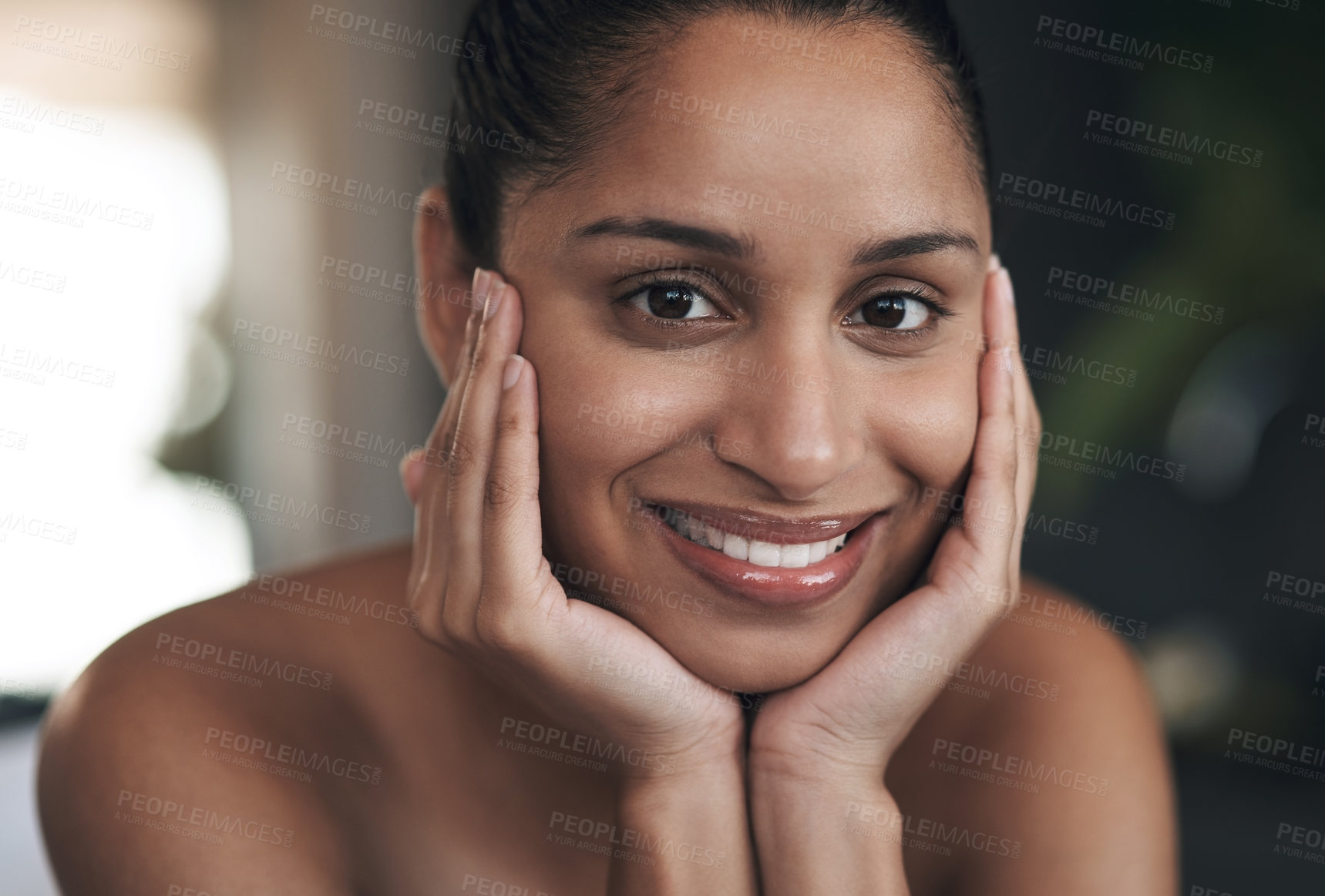 Buy stock photo Portrait of a young woman enjoying a treatment at a spa