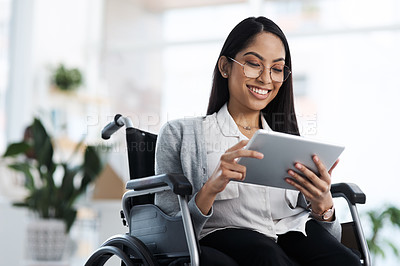 Buy stock photo Happy, reading and woman with a disability and a tablet for graphic design in the office. Smile, creative and a website designer in a wheelchair with technology for web and business analysis