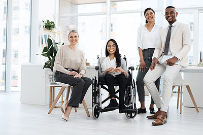 Buy stock photo Full length portrait of a group of diverse businesspeople gathered in their office