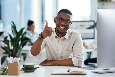 Buy stock photo Thumbs up, notes and portrait of black man in office, digital agency or creative developer with confidence. Yes, website designer or consultant at tech startup with notebook, agreement and support