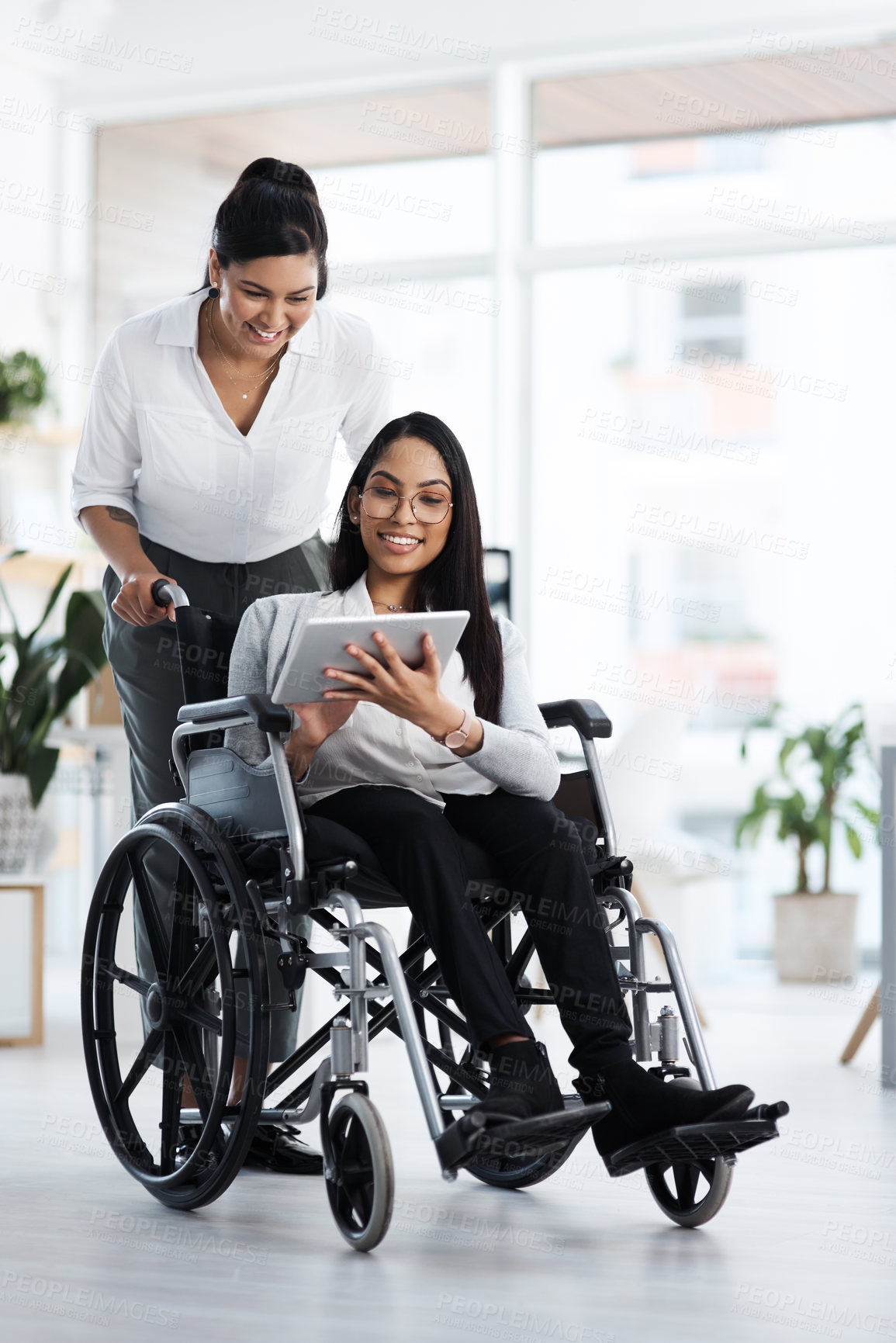 Buy stock photo Full length shot of an attractive young businesswoman in a wheelchair talking to the female colleague pushing her through the office