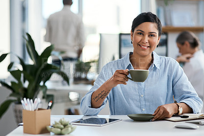 Buy stock photo Coffee, smile and portrait of woman at digital agency with confidence, planning or creative developer in office. Coworking space, designer or consultant at tech startup with drink, relax and happy