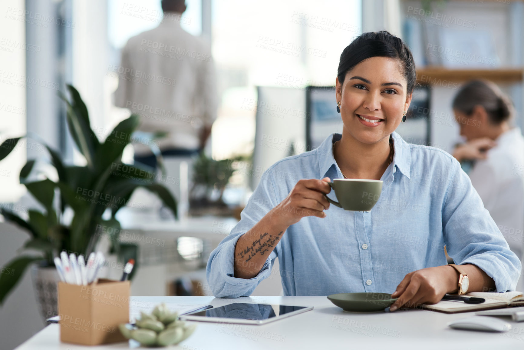 Buy stock photo Coffee, smile and portrait of woman at digital agency with confidence, planning or creative developer in office. Coworking space, designer or consultant at tech startup with drink, relax and happy