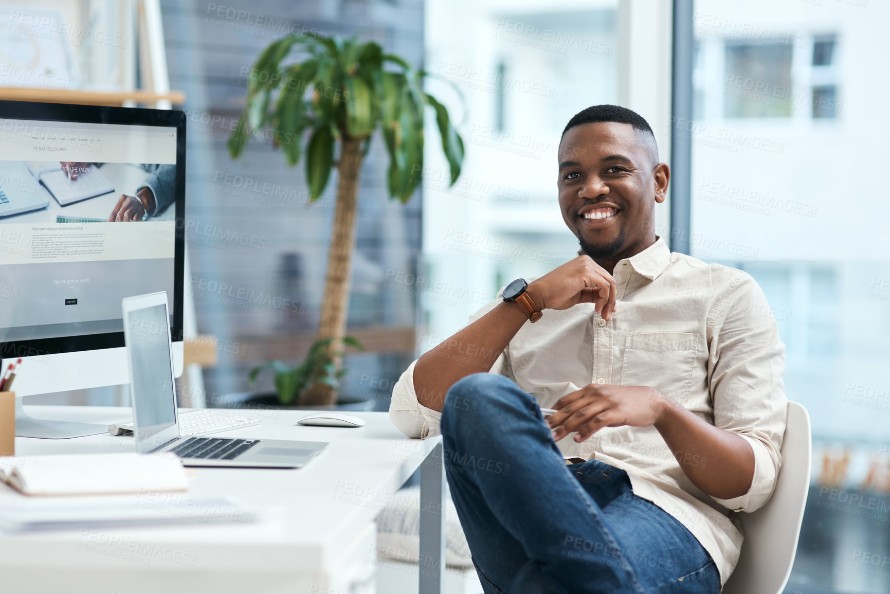 Buy stock photo Smile, computer and portrait of black man at digital agency, office or creative developer with confidence. Happy, website designer or consultant at tech startup with laptop, screen and online career