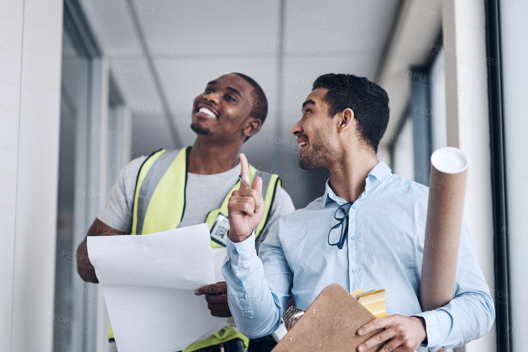 Buy stock photo Men, blueprint and smile for construction, architect and inspection for building site. Manager, floor plan and people with development design for engineering, contractor and project management