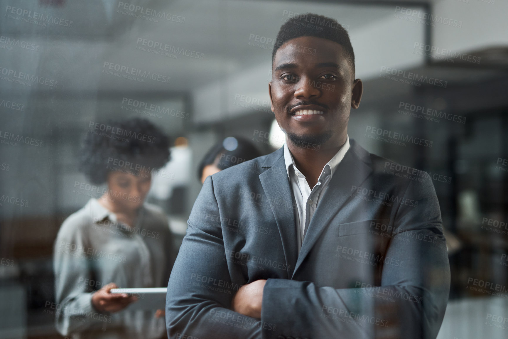 Buy stock photo Shot of Two businesspeople working in a modern office