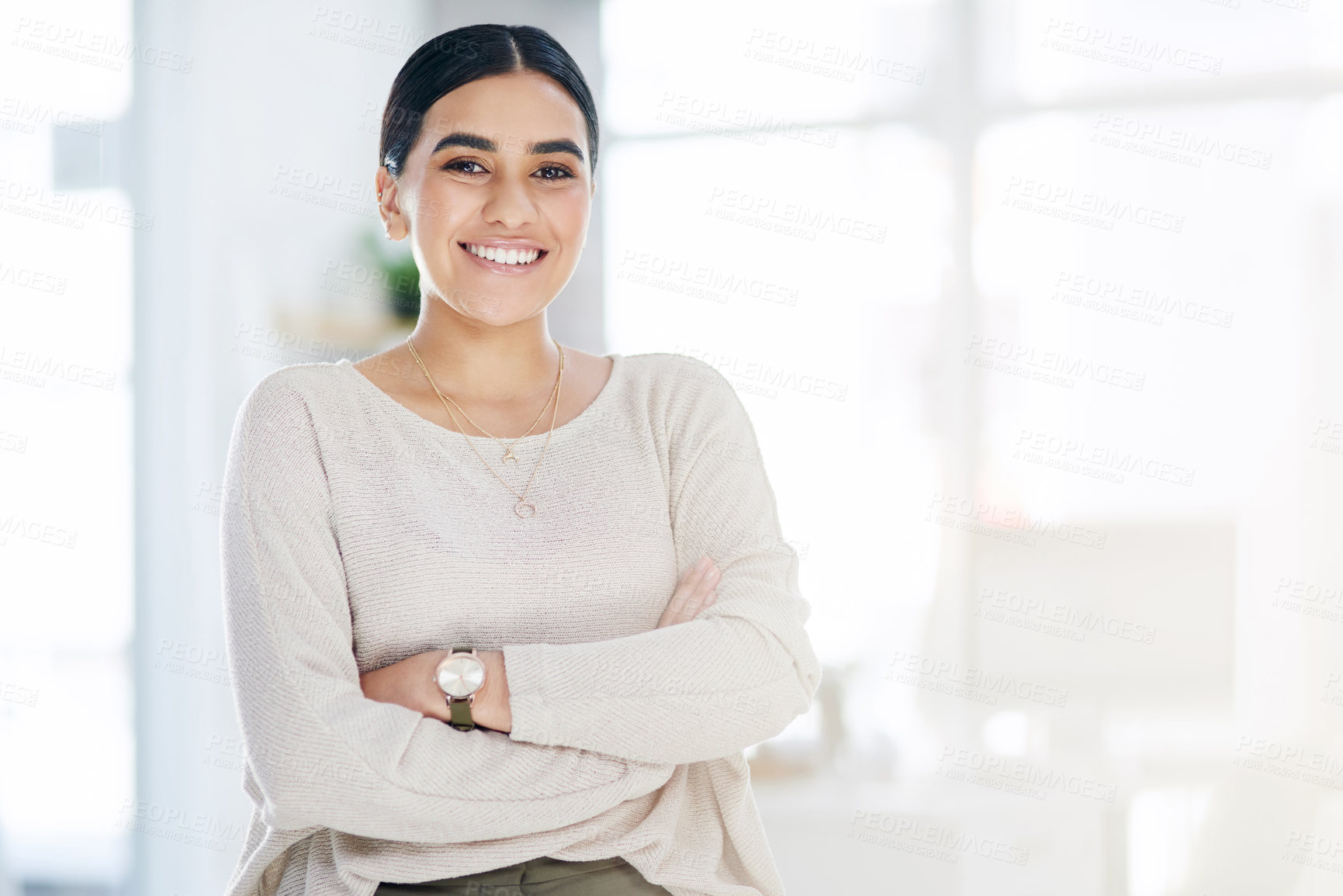Buy stock photo Happy, woman and arms crossed portrait in office for journalism career, news reporting or about us. Space, journalist and smile at publishing agency for copywriting, professional growth or confidence