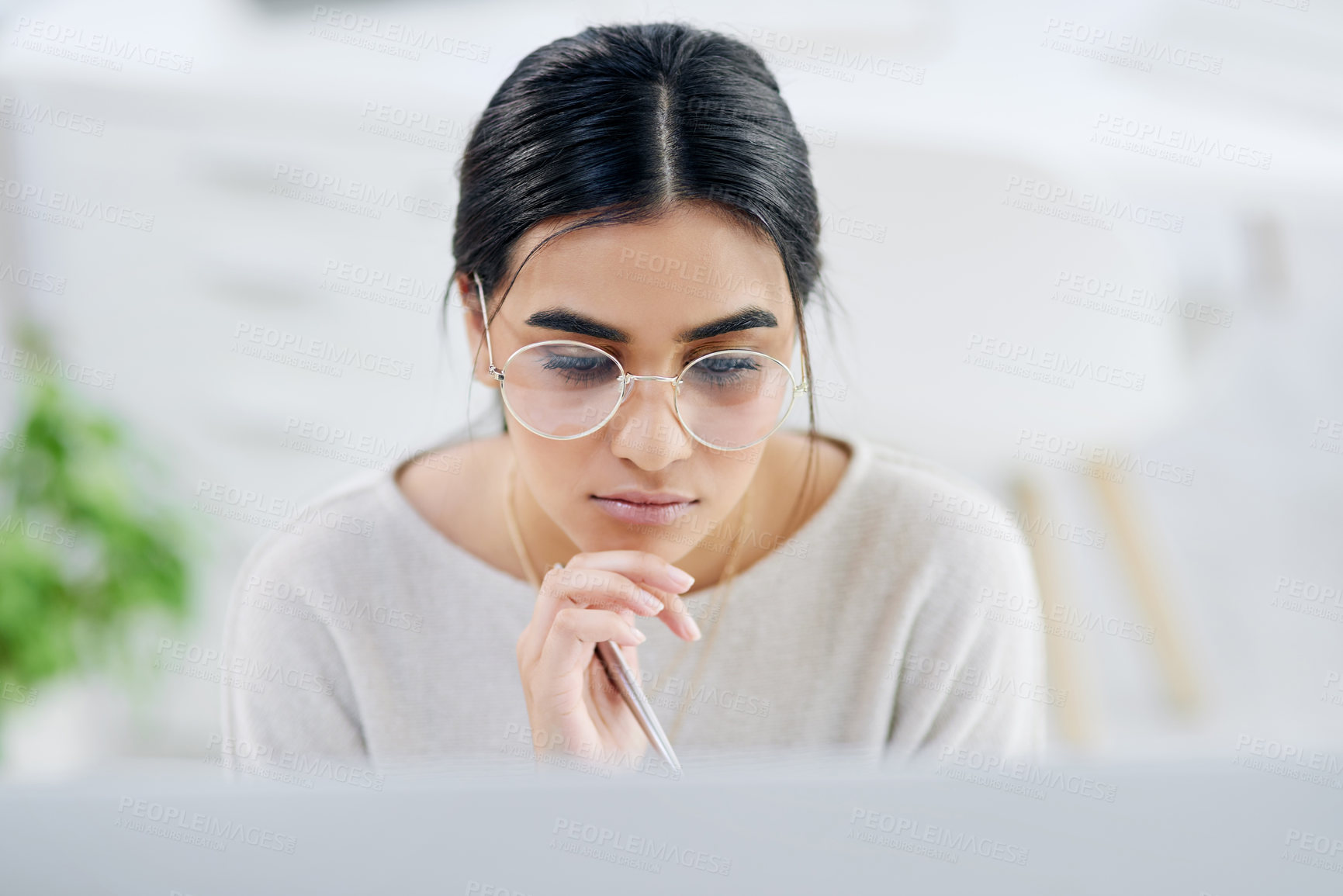 Buy stock photo Creative, thinking and woman on computer for online report, proofreading and article ideas. Publishing, office and person reading on pc with inspiration for copywriting, website content or planning