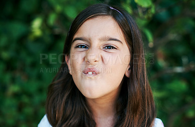 Buy stock photo Face, girl and portrait for comedy, funny and joke in garden with fun and memory at birthday party. Comic, child and facial crazy expression for happiness, laugh and surprise at kids social event