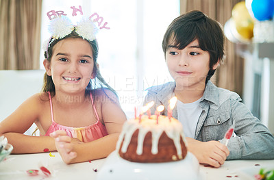 Buy stock photo Girl, birthday and portrait with brother in house for celebration with party, happy and cake with candles. Sister, hair hat and balloons with decorations for care, bonding and family with smile.