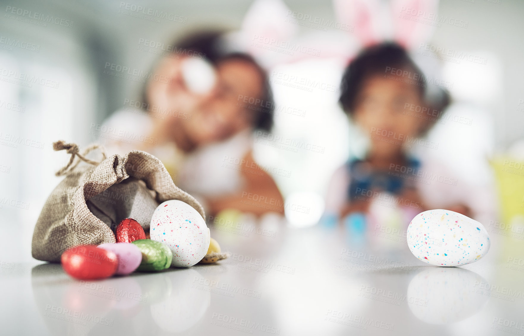 Buy stock photo Cropped shot of a back of Easter eggs on a table at home