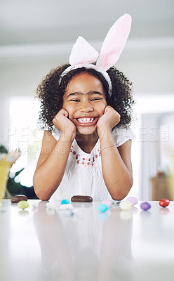 Buy stock photo Shot of a happy girl sitting at home