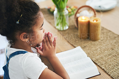 Buy stock photo Shot of a young girl praying at home