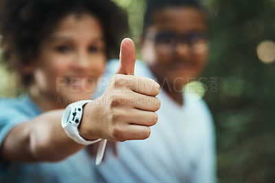 Buy stock photo Shot of two teenage boys showing thumbs up at summer camp