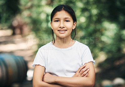 Buy stock photo Portrait of a confident teenage girl having fun at summer camp