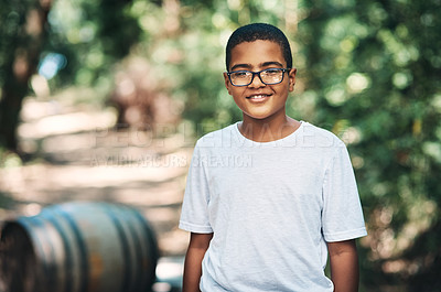 Buy stock photo Portrait of a confident teenage boy having fun at summer camp